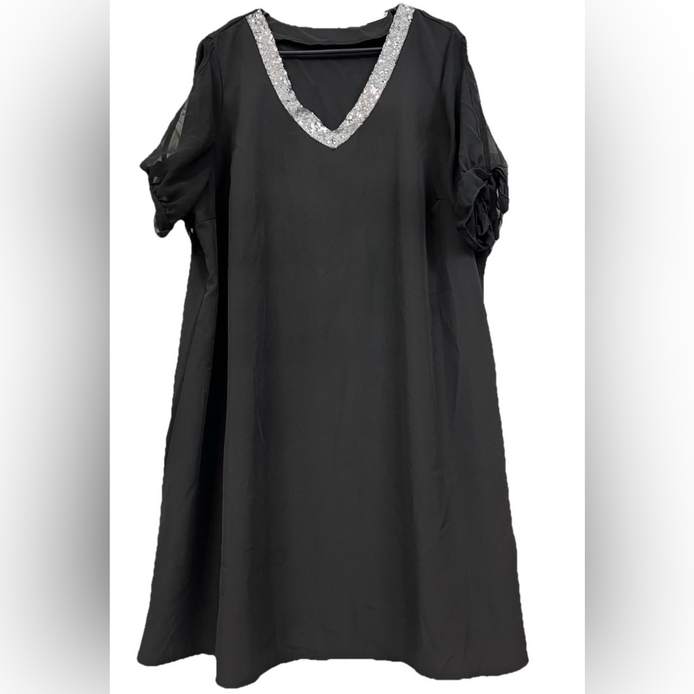 Black V-Neck Sequin Trim Women's Dress